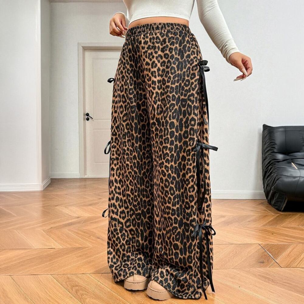 Leopard Print Ribbon Bow Wide Leg Trousers Size M